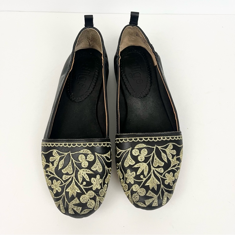 Latigo Basia Anthropologie Black Leather Gold Embroidered Flats Women’s Size 7.5